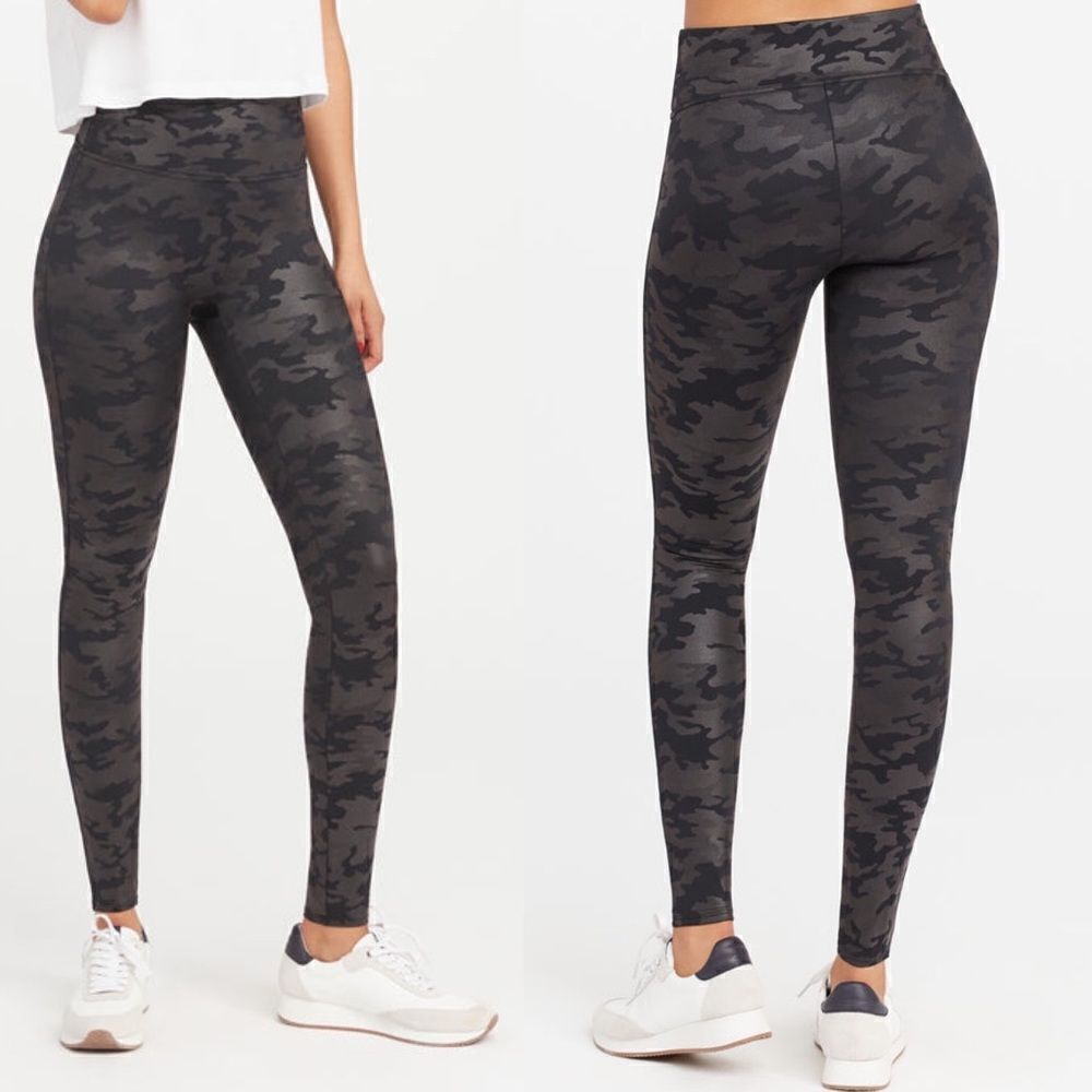 SPANX Faux Leather Camo Leggings black high rise woman’s Large